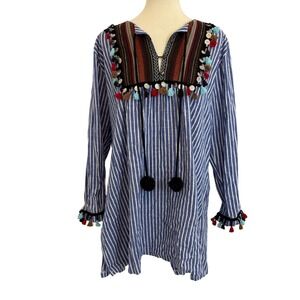 Velzera Womens 2XL Blue White Striped Boho Tunic Top Tassel Coin Pom Pom